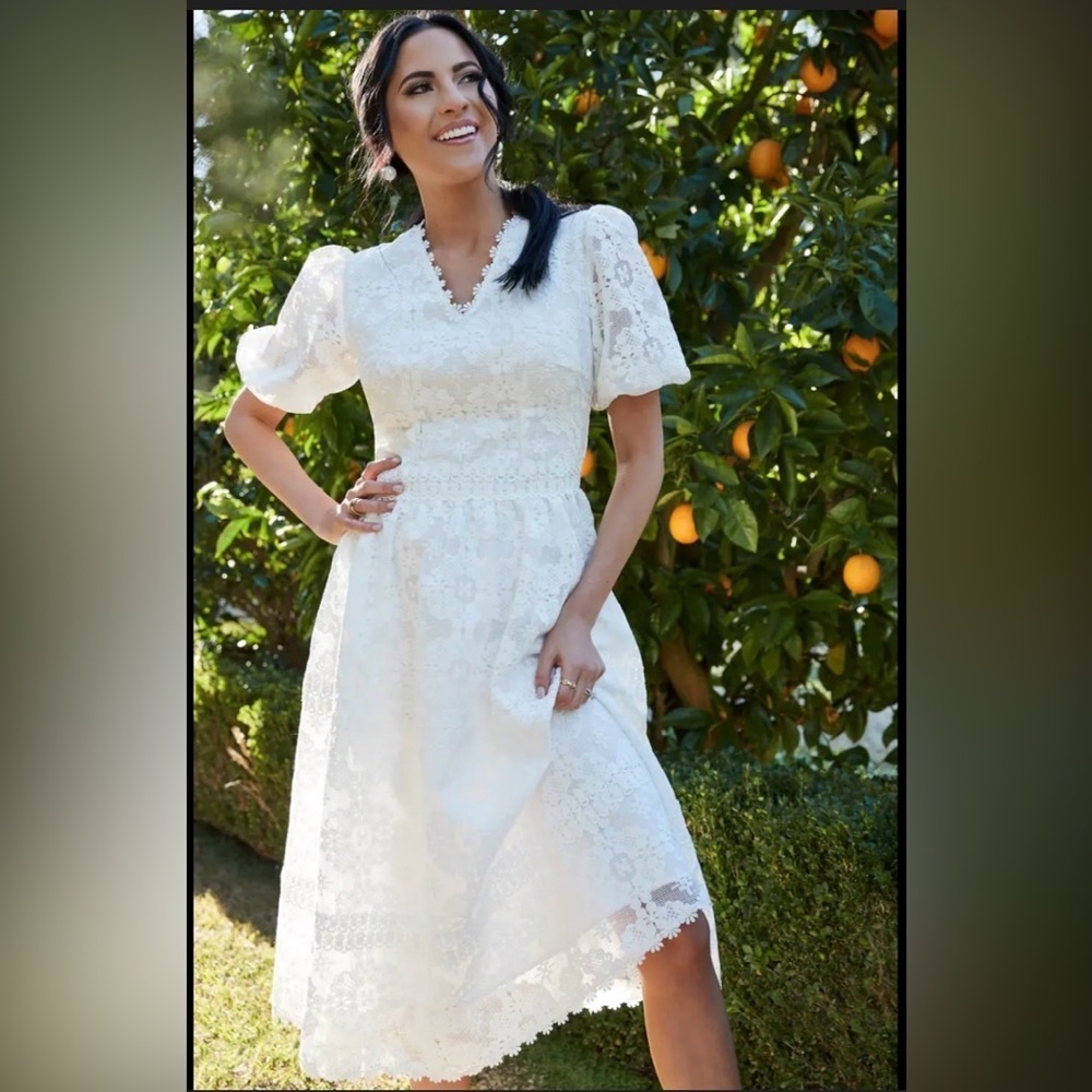 Rachel Parcell Midi Semi-Formal Detailed Dress in White with Puff Sleeves